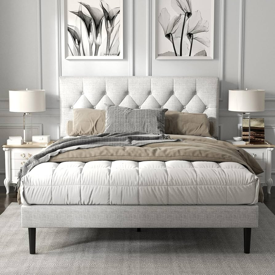 Full Size Platform Bed Frame with Upholstered Button Tufted Headboard, Mattress Foundation with W... | Amazon (US)