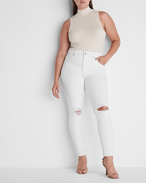 High Waisted White Ripped Skinny Jeans | Express