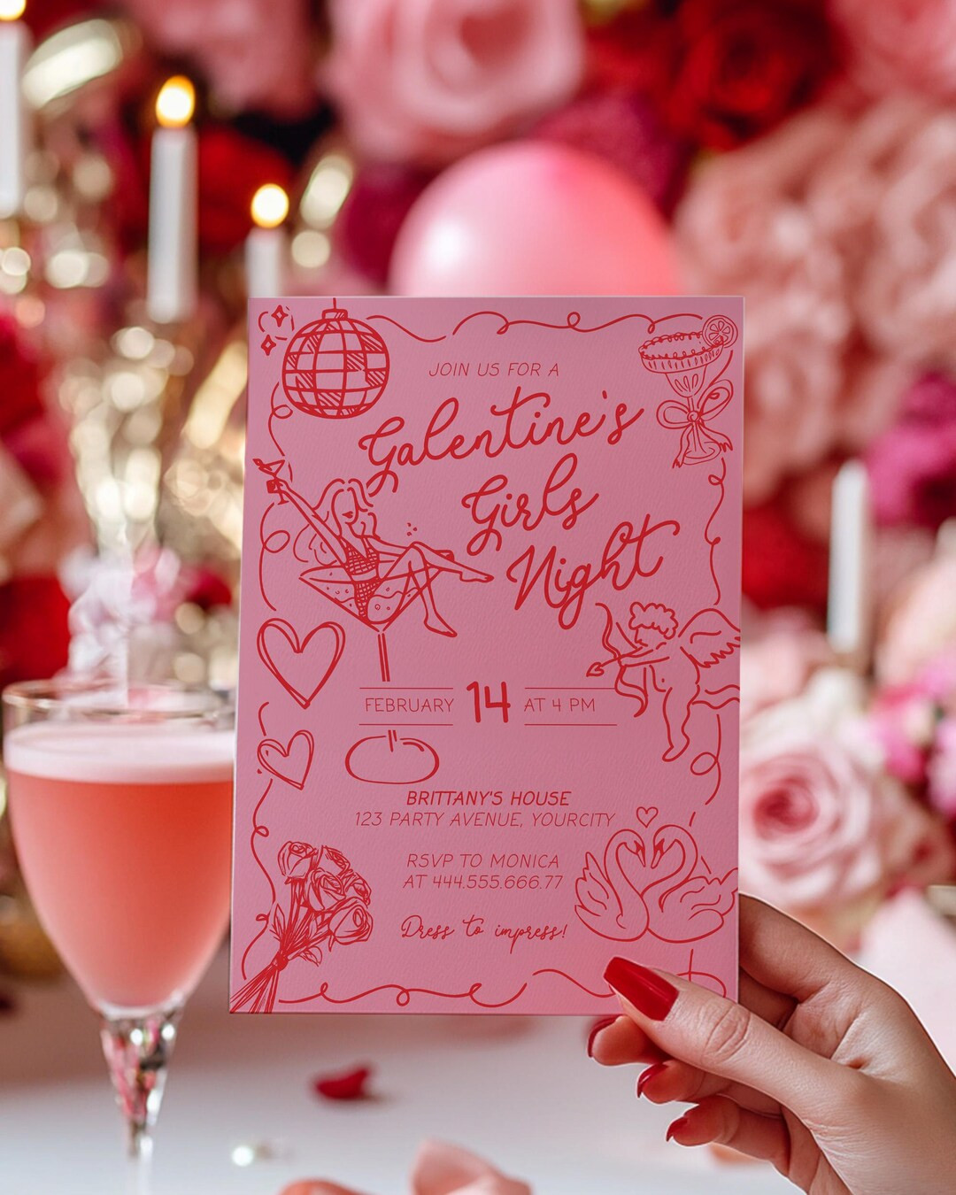 Handwritten Galentines Day Girls Night Invitation Funky Doodle Pink Red Valentines Pajama Party I... | Etsy (US)