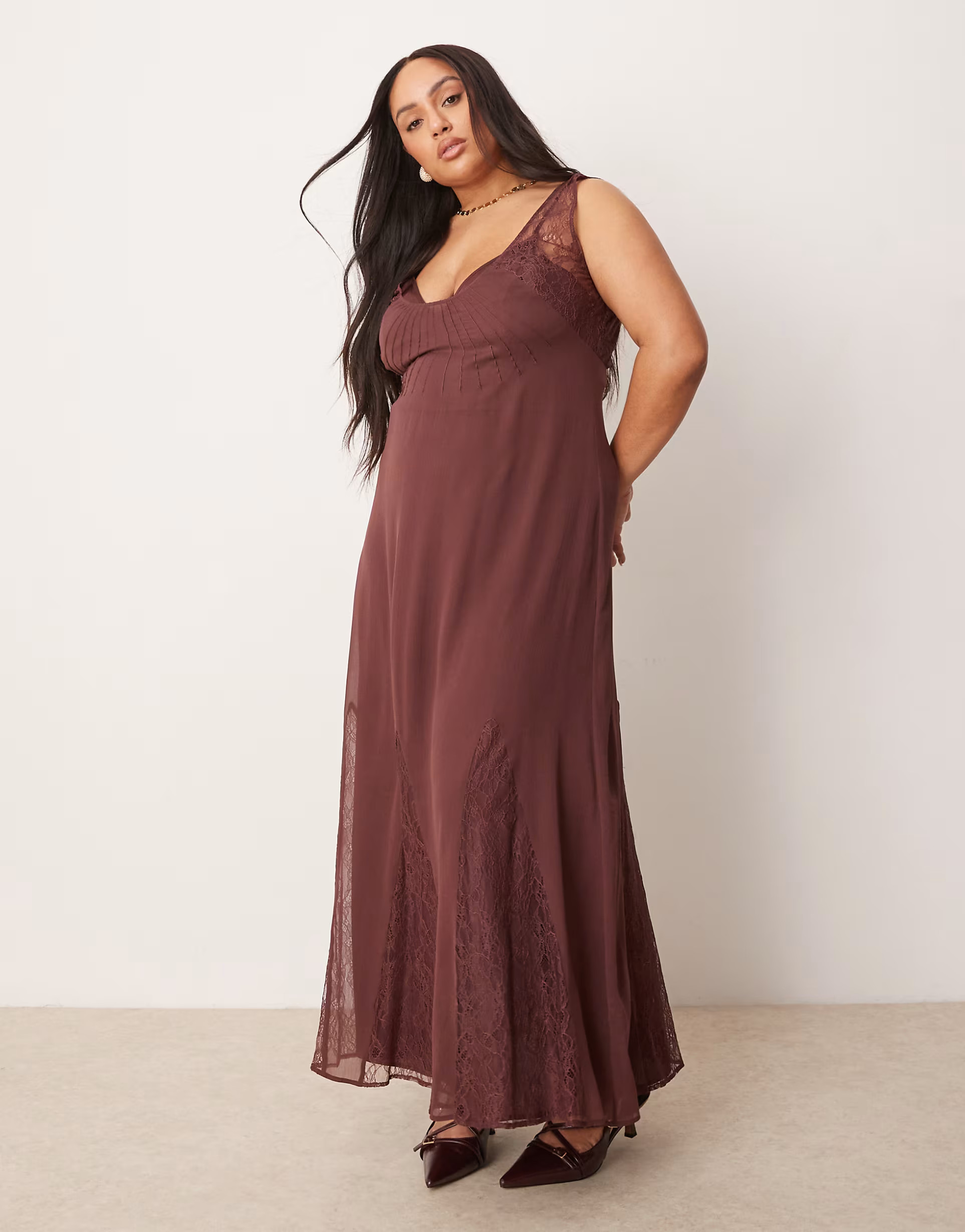 ASOS DESIGN Curve lace and chiffon midi dress with godets in chocolate brown | ASOS (Global)
