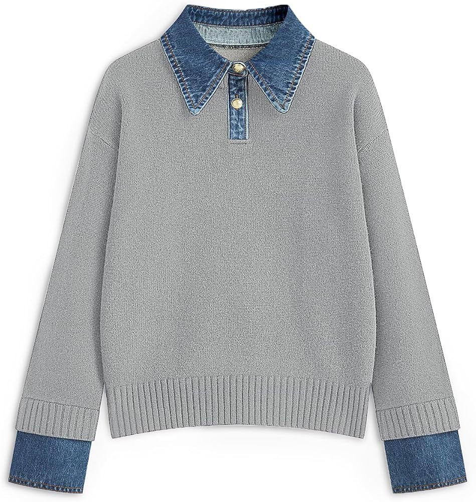 ETCYY Womens Oversized Sweater Cozy Fall Long Sleeve Button Up Denim Polo Pullover Tops Sweatshir... | Amazon (US)