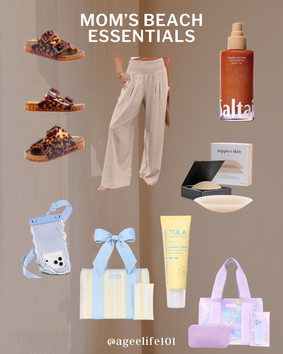 Mom approved beach necessities
-light weight comfy slides that wash easy and have an elevated look
-my favorite beach pants that come in so many colors throw over a bathing suit or wear to dinner or both
-body shimmer that will have your chest and shoulders glowing 
-if you like wearing tops or dresses with little or no straps these nipple covers are the best! Go bra free without fear of losing one 😝
-sunscreen with a little shimmer 
-my favorite travel friendly foldable beach bags
-the coolest waterproof phone case that floats, allows you to text, allows you to take pics without fear of destroying your phone 

#LTKOver40 #LTKselfcare #LTKdayinmylife