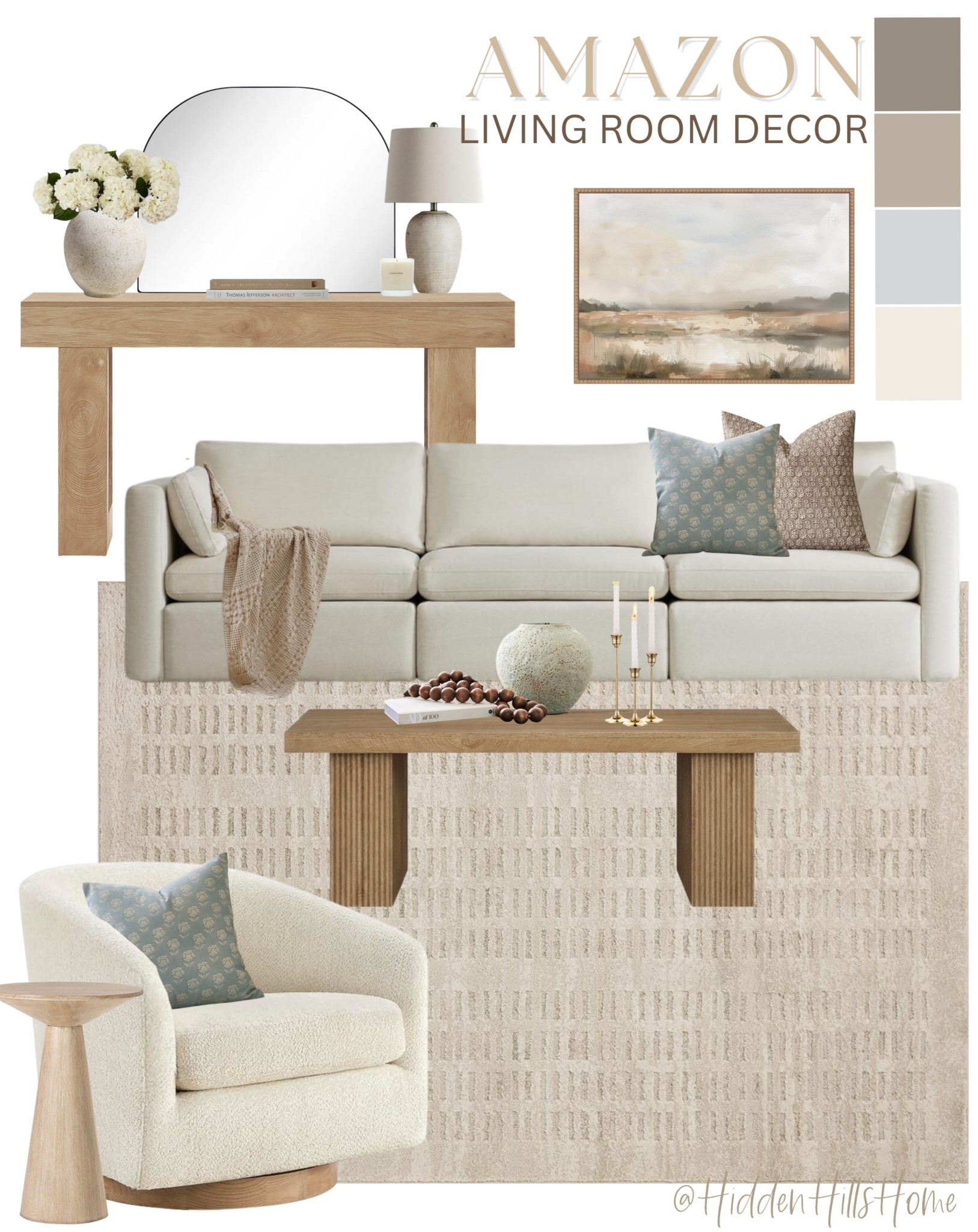 Cozy neutral living room decor mood board with items from Amazon! Amazon living room decor ideas, Amazon living room design, Amazon coffee table, Amazon swivel chair, home decor inspiration, living room rug #livingroom

#LTKHome #LTKSaleAlert #LTKSeasonal