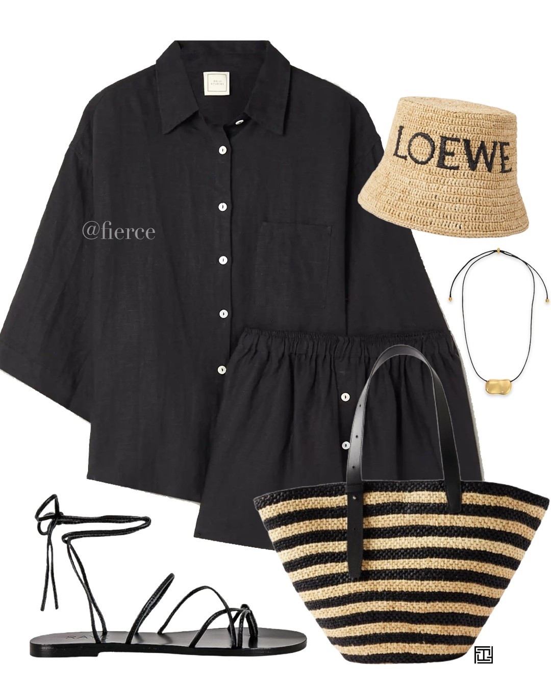 Black linen co-ord set matching set striped raffia bag tie up sandals Loewe rafffa bucket hat gold and black cord necklace beach holiday resort wear outfit

#LTKuk #LTKsummer #LTKtravel