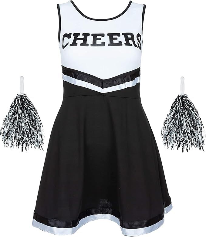 Cheerleader Outfit with Cheerleader Pom Poms - Cheerleader Costume Women Fancy Dress Costume - La... | Amazon (UK)