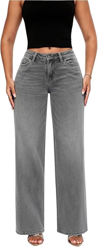 ONESO Wide Leg Jeans for Women Mid Low Rise Baggy Stretchy Denim Pants     Tummy Control, BBL Jea... | Amazon (US)