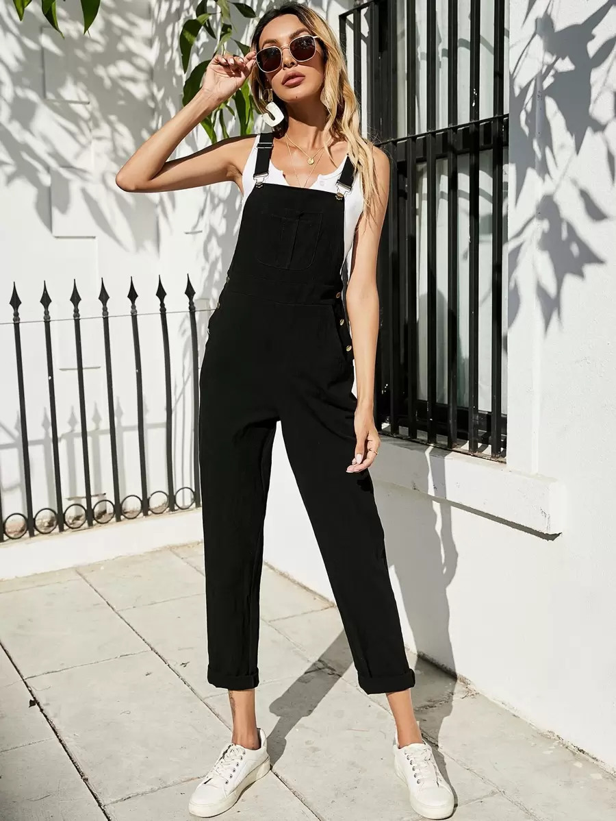 Solid Button Pocket Pinafore Jumpsuit | SHEIN