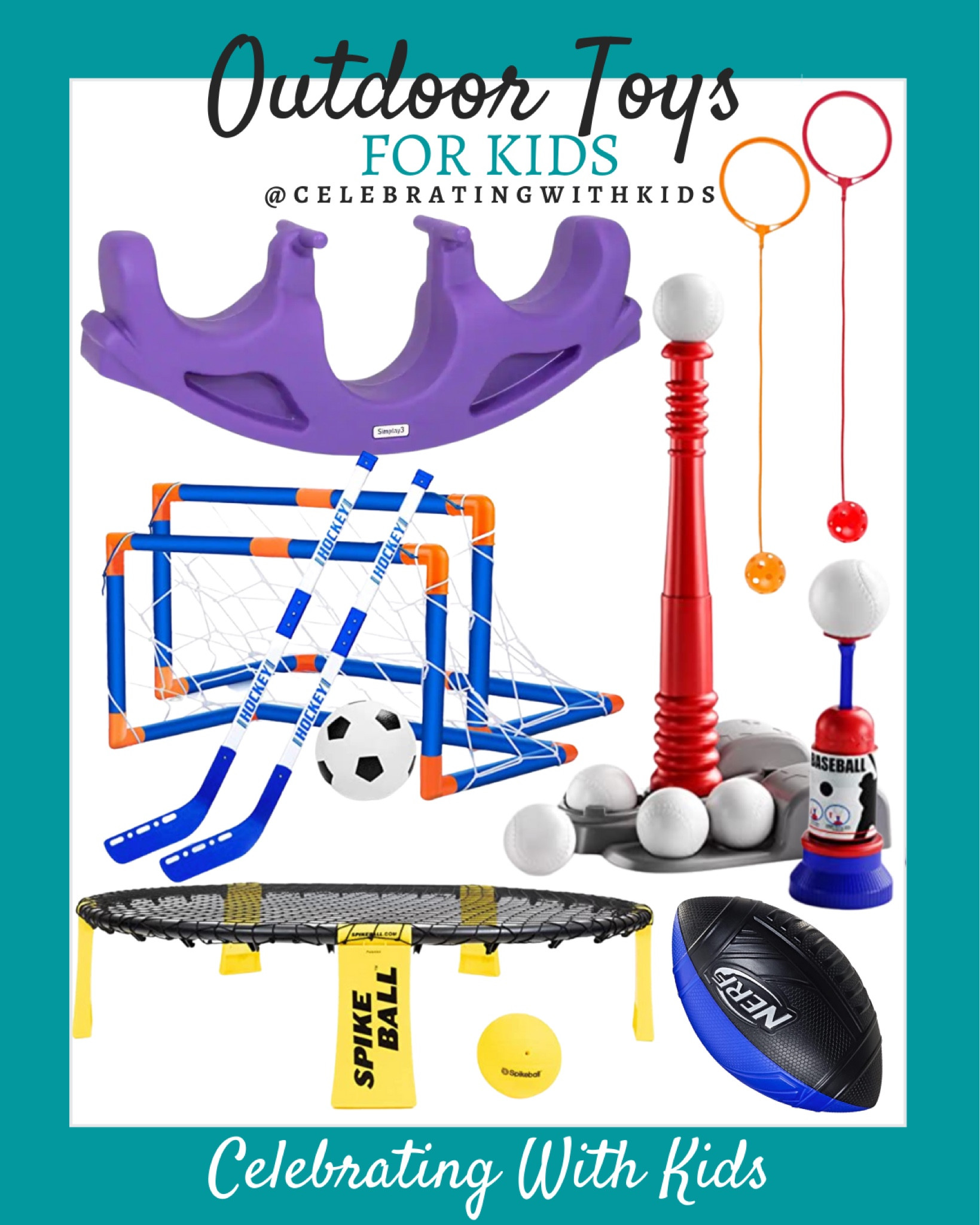 Outdoor toys for kids include teeter totter, baseball tee, soccer and hockey nets, spike ball, nerf football, skip ball toy.

Outdoor toys, kids toys, summer toys, spring toys, outside toys 

#LTKkids #LTKunder100 #LTKSeasonal