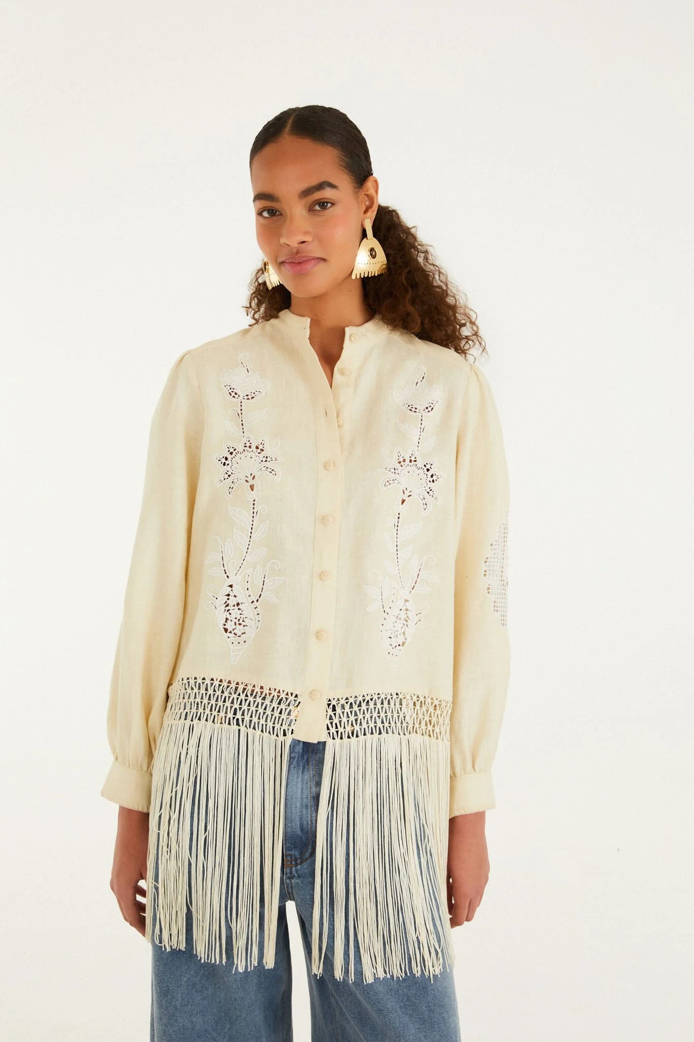Sand Richelieu Long Sleeve Fringes Shirt | FARM Rio | FarmRio (US)