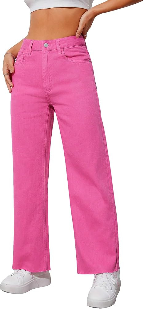 SweatyRocks Women's High Waist Straight Leg Zipper Jeans Casual Raw Hem Denim Pants Trousers with... | Amazon (US)