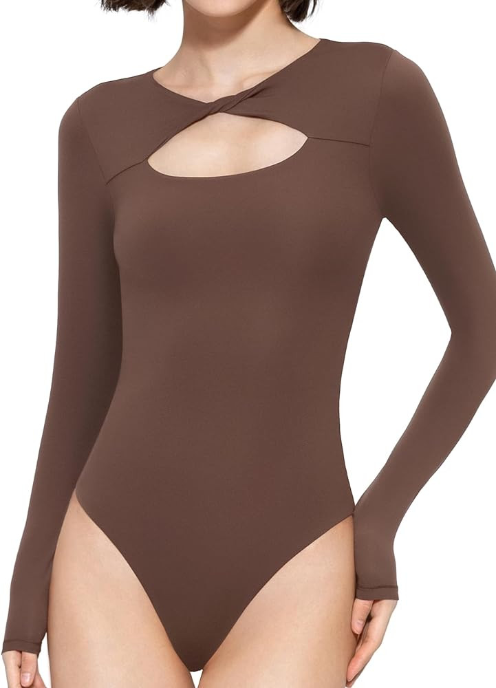 PUMIEY Women's Knot Front Long Sleeve Bodysuit Crew Neck Body Suits Sexy Tops Smoke Cloud Pro Col... | Amazon (US)
