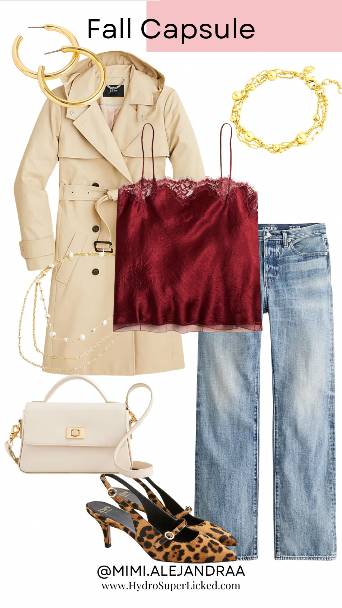 Fall capsule outfit formula jeans.

Casual and elegant jeans outfit for autumn.
Trench coat. Merlot camisole with lace trim. Wide legJeans with a light wash. Neutral bag. Animal print kitten heels.

Top off with layers gold necklace, good hoops and gold bracelets.

#LTKStyleTip #LTKSeasonal #LTKWorkwear