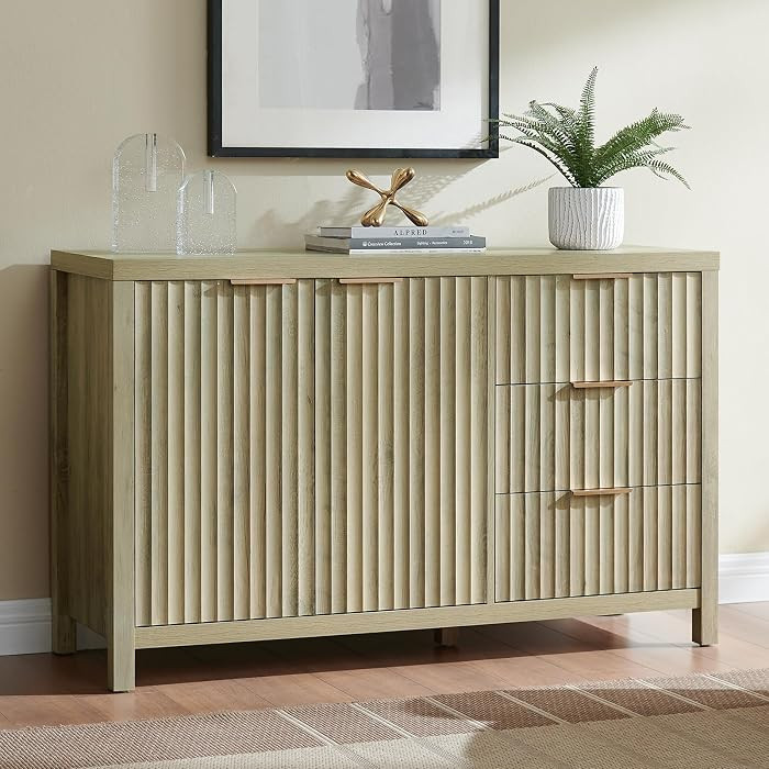 OAKHAM HOME Oxford 3 Drawer Storage Cabinet Fluted Buffet Sideboard with Drawer and Doors, Modern Credenza with Adjustable Shelves, Accent Cabinet Console for Entr… | Amazon (US)