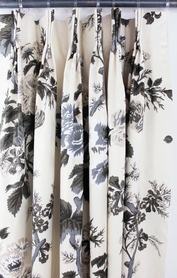 Schumacher Pyne Hollyhock Print Pinch Pleated Drapes (shown in Charcoal-also comes in Indigo, Blu... | Etsy (US)