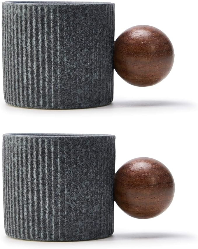 Ceramic Mini Espresso Cups Demitasse Cups with Round Wooden Handle Vertical Stripes Tea Cups (gra... | Amazon (US)