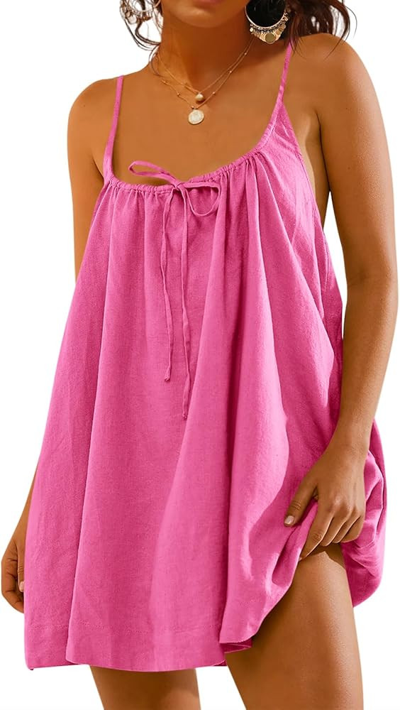 Fisoew Womens Spaghetti Strap Swimsuit Coverup Summer Linen Tie Backless Sleeveless Beach Cami Mi... | Amazon (US)
