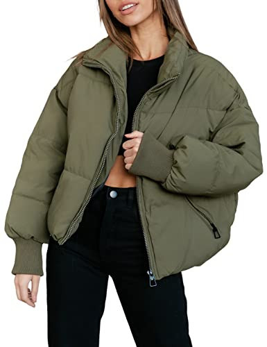 UANEO Puffer Jacket Womens Oversized Cropped Puffy Quilted Winter Jackets Coat (ArmyGreen-M) | Amazon (US)