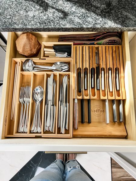 I organized our silverware and knife drawer with bamboo organizer trays to get every single utensil in one easy-to-access place. There was a gap where a tray wouldn’t fit so I filled it with coasters we use during dinner on our antique dining table.

#LTKSeasonal #LTKhome #LTKfamily