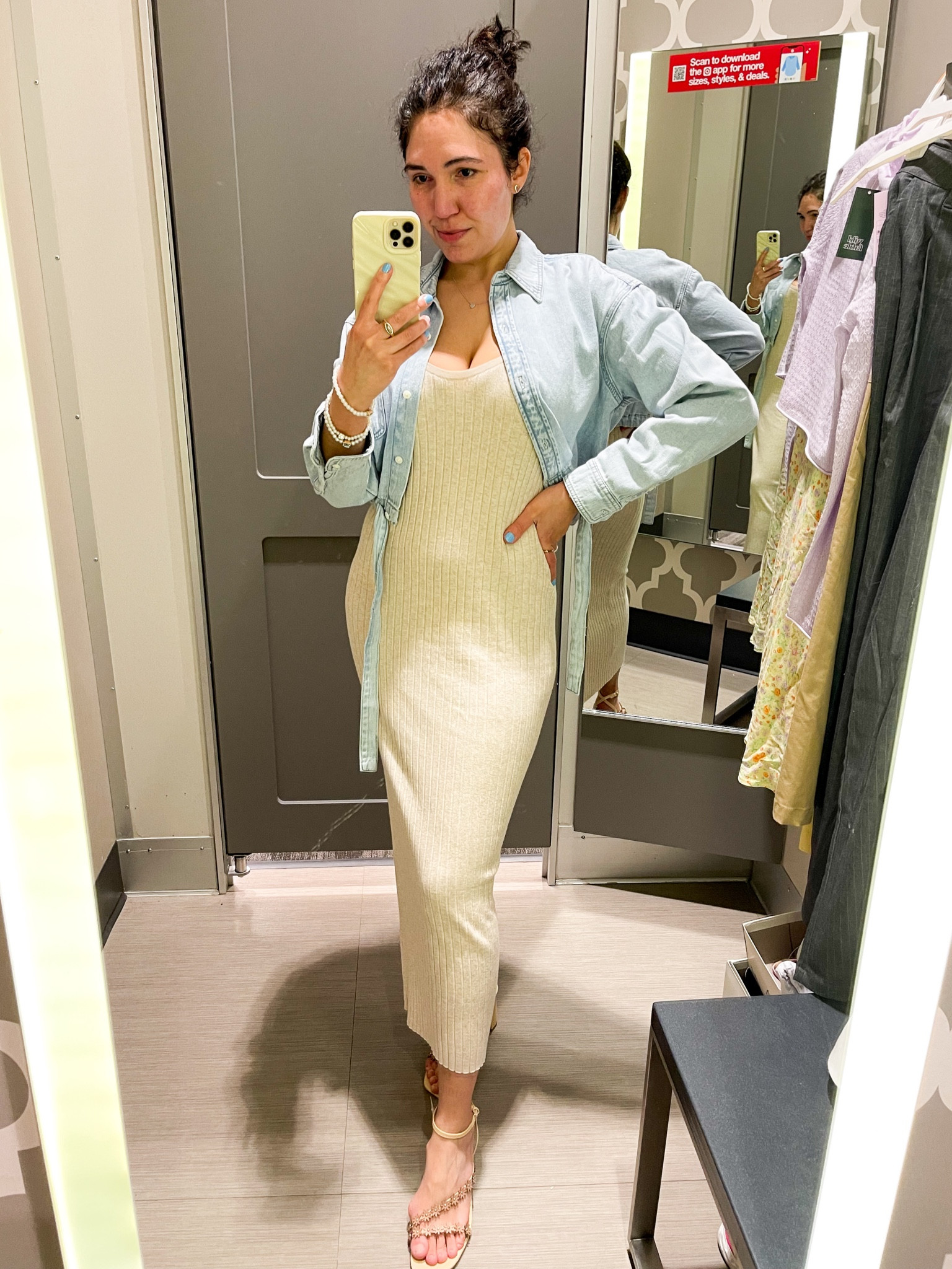 Target spring outfit - everything in my usual Small. Ribbed dress, spring dress, denim jacket, neutral sandals, strappy heels

#LTKstyletip