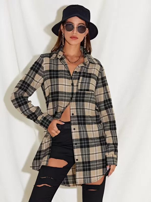 Patch Pocket Plaid Longline Blouse | SHEIN