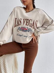 Letter & Car Print Contrast Piping Striped Trim Raglan Sleeve Pullover
   SKU: sw2111043563880812... | SHEIN