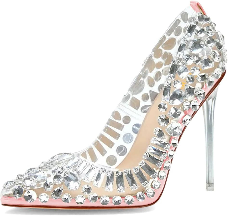 miss left Women's Stiletto Heel Closed Pointy Toe Pumps Clear Rhinestone Studded Slip On High Hee... | Amazon (US)