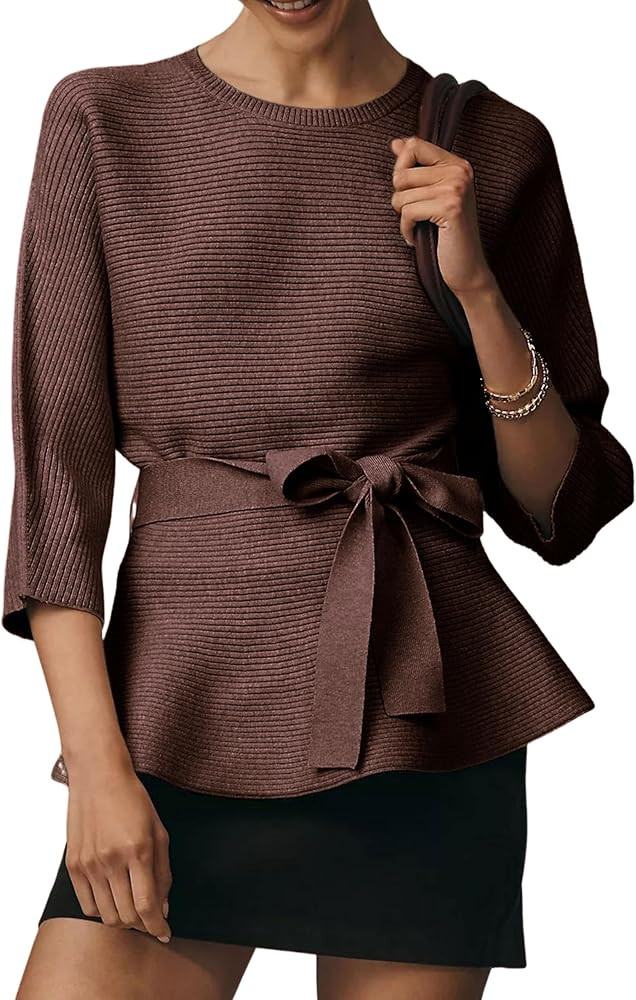 Yeokou Womens Ribbed Belted Sweater 3/4 Sleeve Crew Neck Pullover Tunic Top Fall Winter Casual Lo... | Amazon (US)
