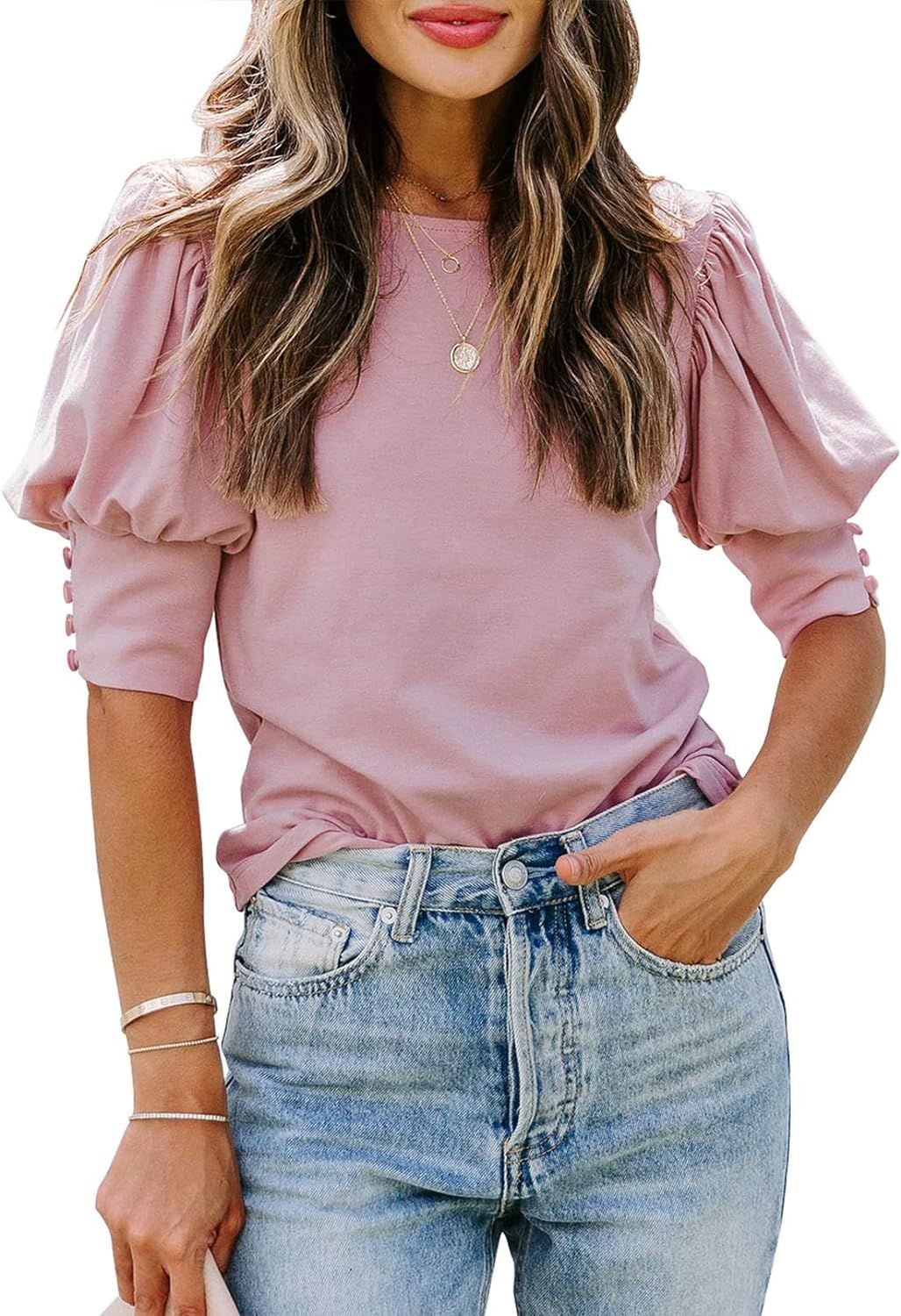 SimpleFun Women's Puff Sleeve Tops Summer Crewneck Loose Casual Blouse Shirts | Amazon (US)