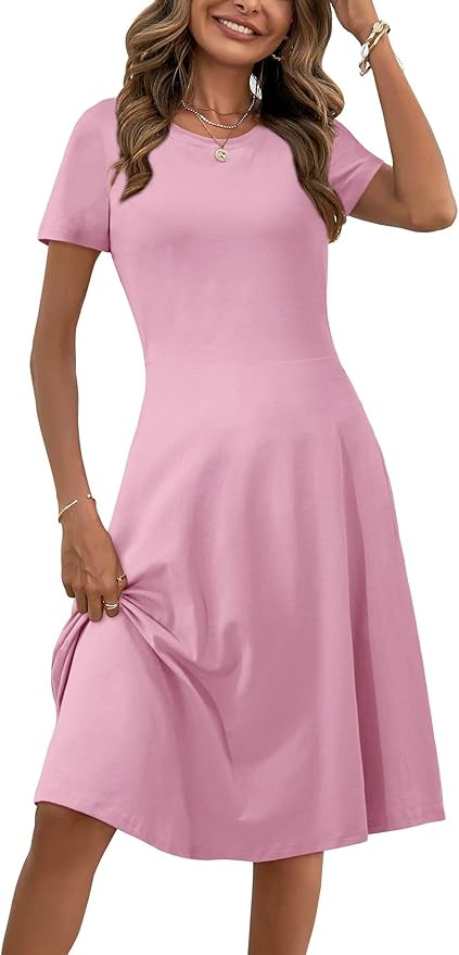 HUHOT Spring/Summer Casual Women Short Sleeve Round Neck A Line Fit and Flare Midi Skater Dress | Amazon (US)