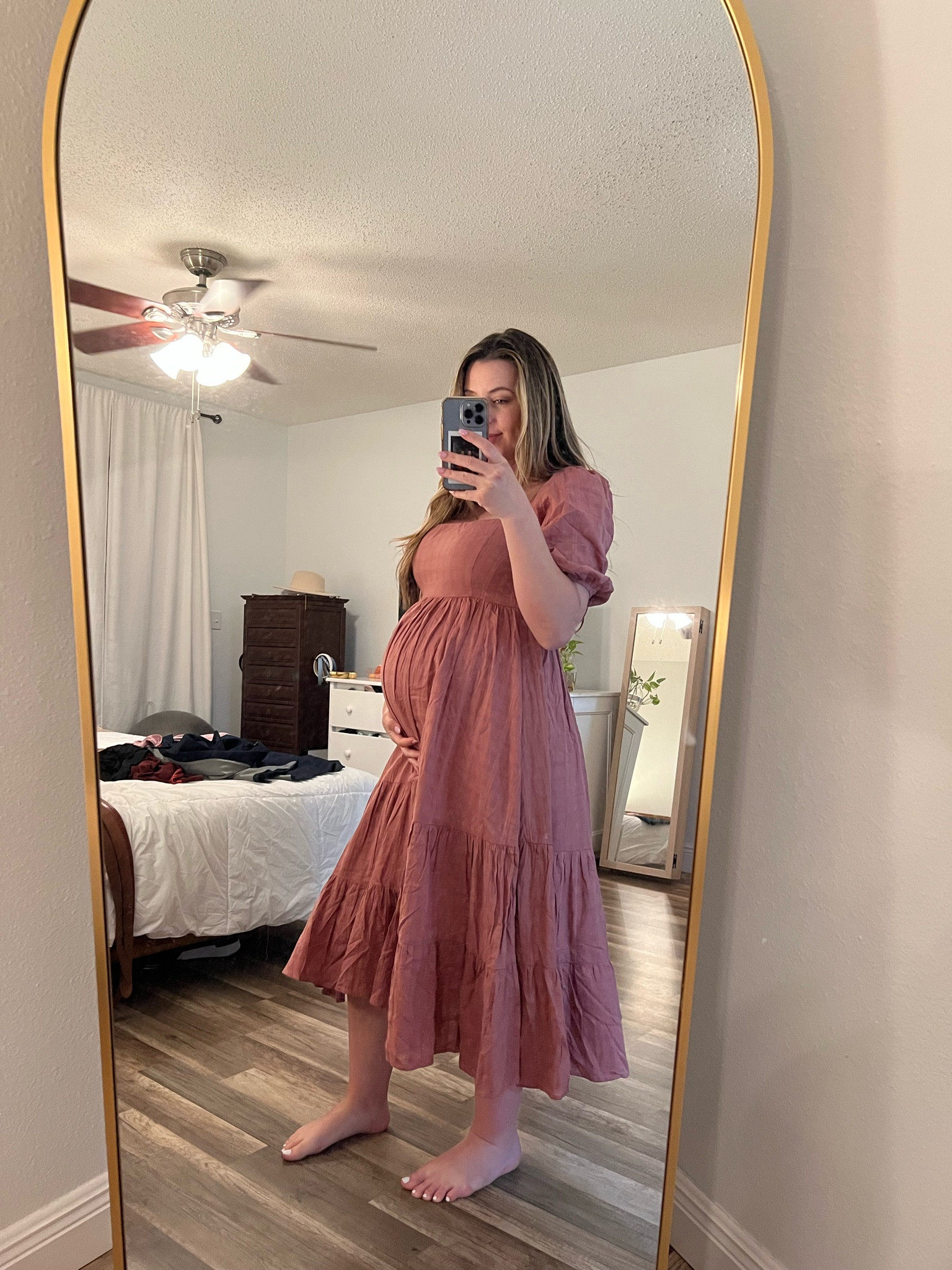 Boho spring/summer/fall maternity dress perfect for elegant baby shower, babymoon, maternity shoot, & date night. Gold full length  mirror. 

#LTKbump #LTKbeauty #LTKbaby