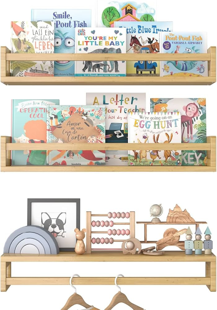 Floating Nursery Book Shelves for Wall, 23.6 Inch Nature Solid Wood Wall Mounted Bookshelf Set of... | Amazon (US)