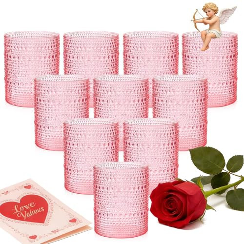 YOUBET 24PCS Plastic Drinking Glasses - 14OZ Pink Hobnail Drinkware Glasses - Vintage Glassware Textured Beaded Cups for Water, Beer, Whiskey, Juice and Various Mixed Drinks Valentines Day | Amazon (US)