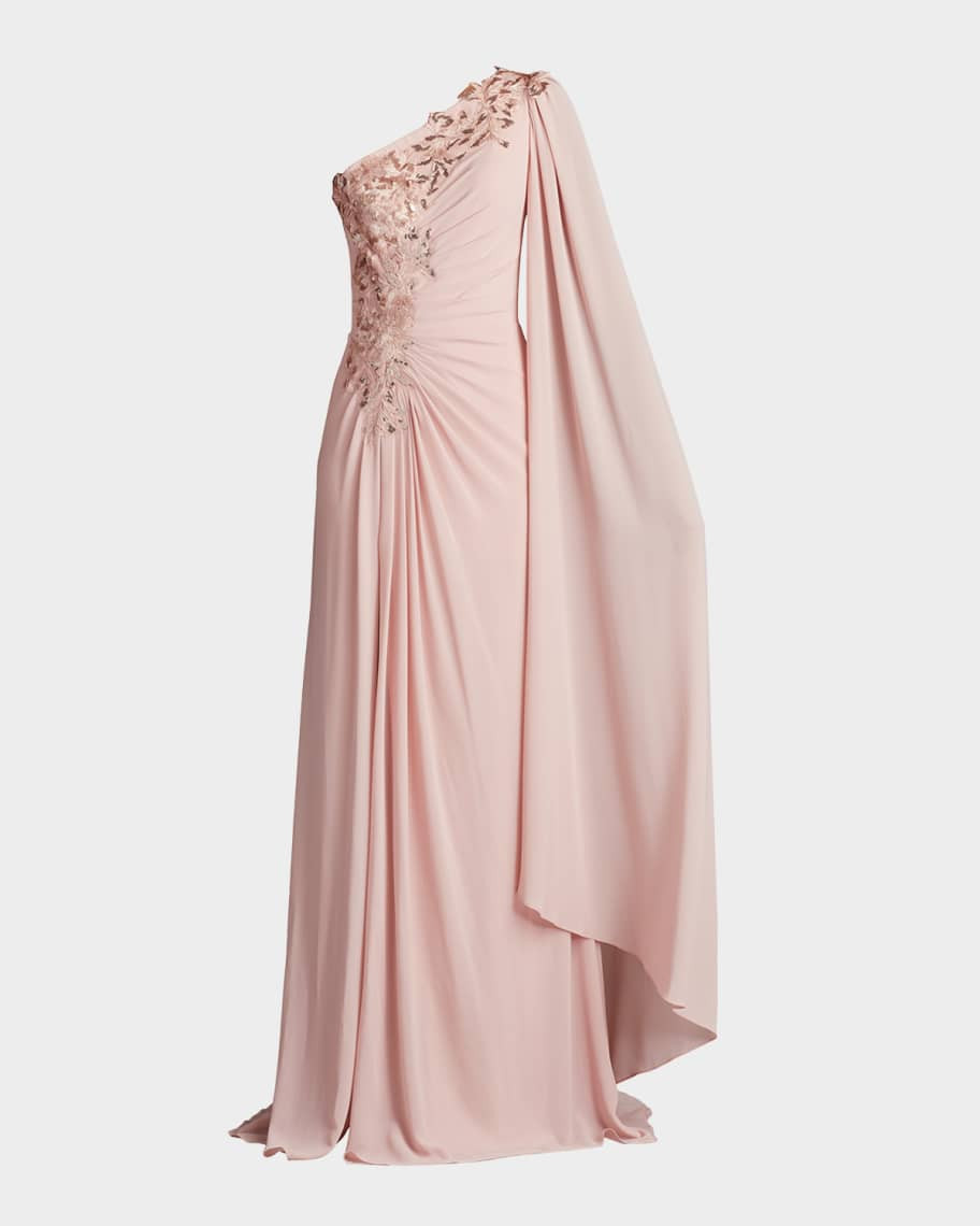 Pleated Cape-Sleeve Sequin Applique Gown | Neiman Marcus