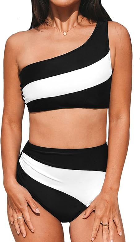 CUPSHE Women's Bikini Sets Two Piece Swimsuit High Waisted One Shoulder Color Block Ruched Asymme... | Amazon (US)
