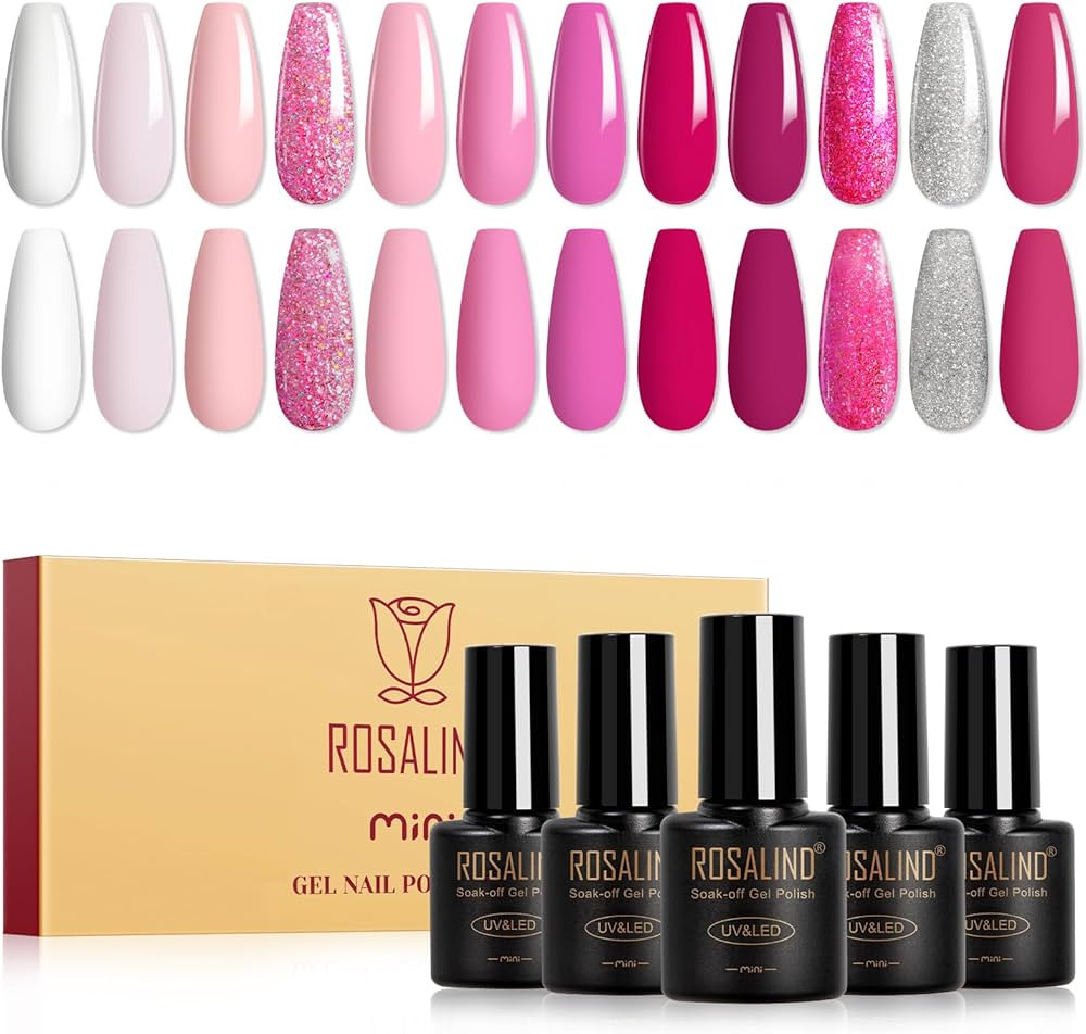ROSALIND Pink Gel Nail Polish Set, 12 Colors Hot Pink Glitter Pink Gel Polish Gel Polish Set Soak... | Amazon (US)