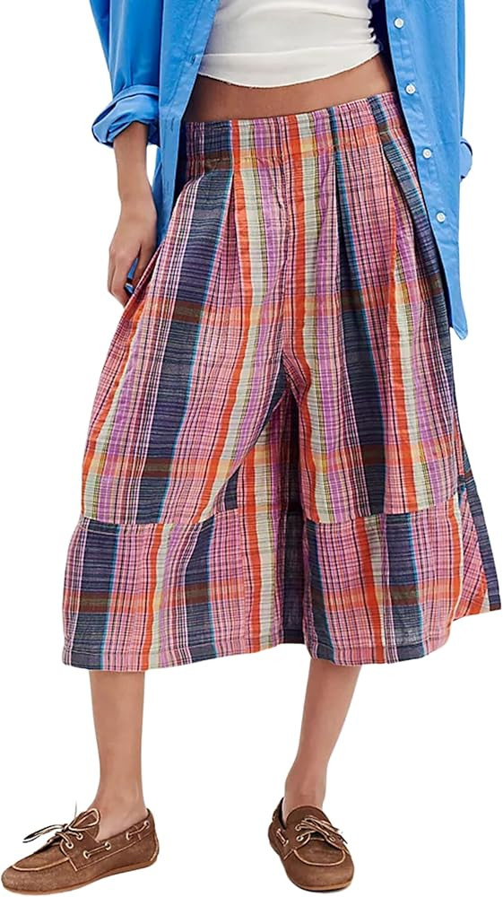Himosyber Women's Summer Culottes Boho Wide Leg Pants Elastic Waist Casual Palazzo Trousers Plaid... | Amazon (US)