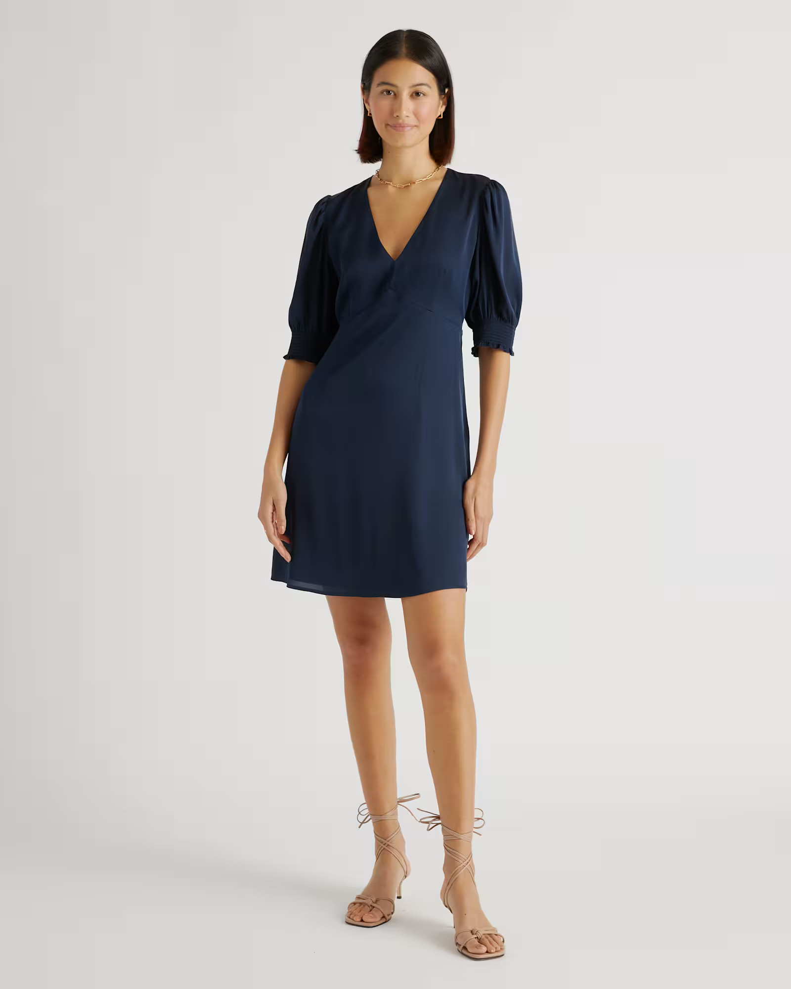 Washable Stretch Silk Puff Sleeve Mini Dress in Navy | Quince