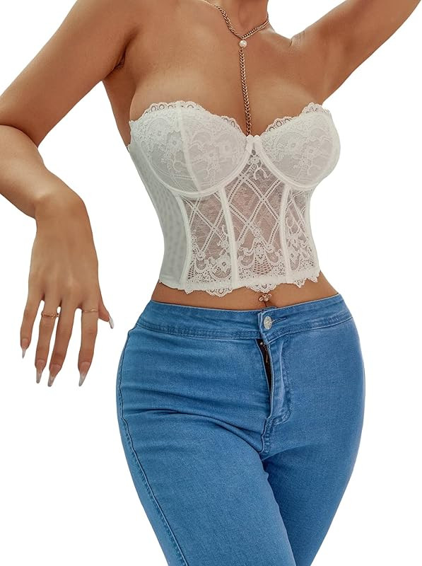 SOLY HUX Women's Floral Lace Mesh Sheer Underwire Demi Bra Bustier Corset Top Bodyshaper | Amazon (US)