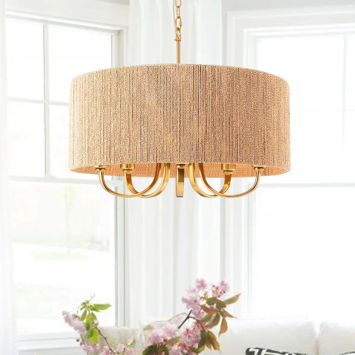 Stephane 5 - Light 22"W Dimmable Polished Brass Drum Chandelier with Rattan Shade for Dining Room... | Wayfair North America