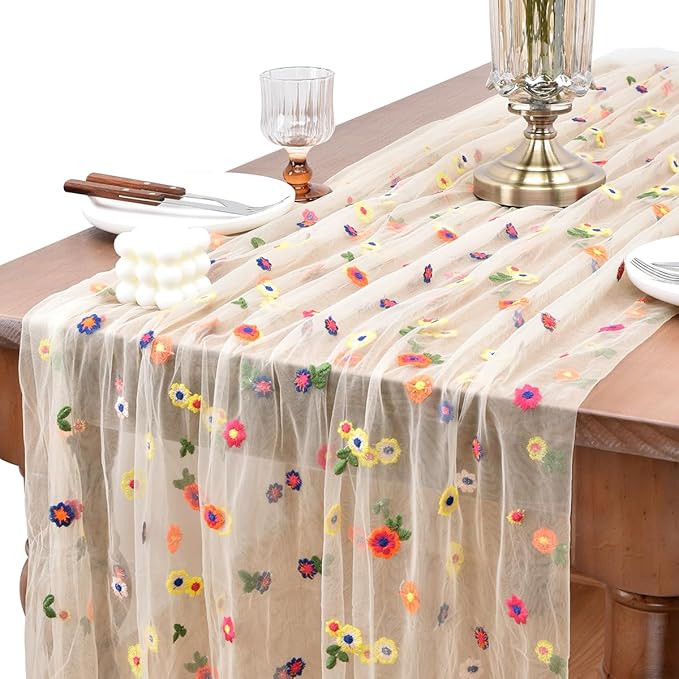 Joanlody Champagne Embroidery Daisy Spring Summer Table Runner 10ft Florals Seasonal Easter Tulle... | Amazon (US)
