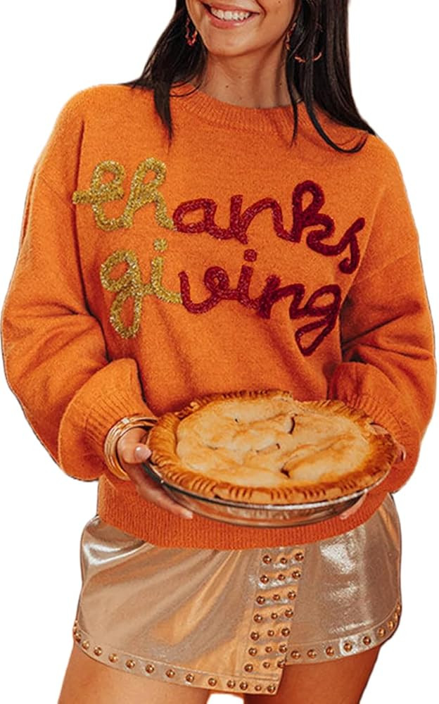 Women Cute Crewneck Holiday Sweater Tinsel Letter Graphic Oversized Sweatshirt Y2k Long Sleeve Fa... | Amazon (US)