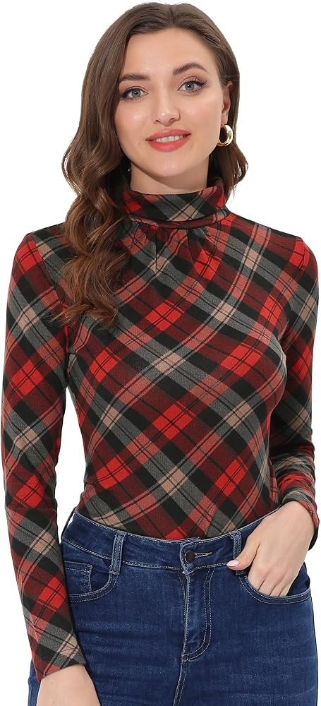 Allegra K Plaid Shirt for Women's Turtleneck Tops Stretch Slim Long Sleeve Blouse | Amazon (US)