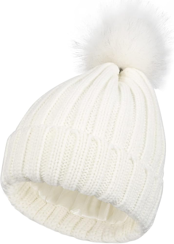 Muryobao Womens Winter Beanie Hat Satin Lined Faux Fur Pom Pom Cuffed Knit Skull Cap | Amazon (US)