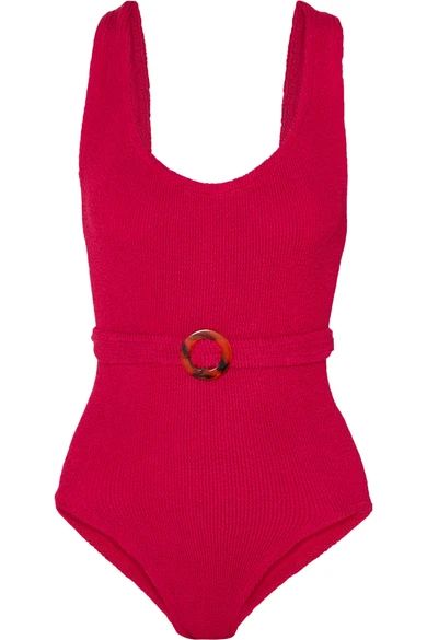HUNZA G - Solitaire Embellished Seersucker Swimsuit - Pink | NET-A-PORTER (UK & EU)