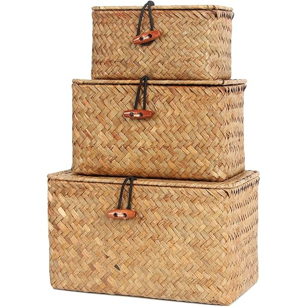 Yesland Woven Wicker Storage Bins with Lid - Set of 3 - Rectangular Seagrass Basket/Storage Baske... | Amazon (US)