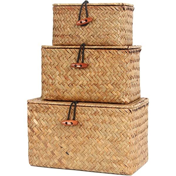 Yesland Woven Wicker Storage Bins with Lid - Set of 3 - Rectangular Seagrass Basket/Storage Baske... | Amazon (US)