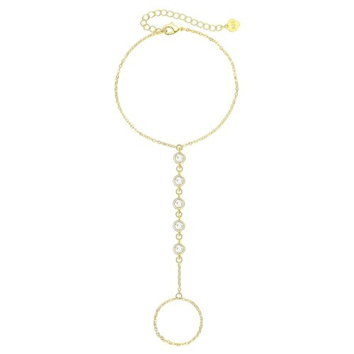 Bezel CZ Diamond Hand Chain Bracelet 14k Gold Non-Tarnish Birthstone Finger Ring Bracelet for Women 6" to 8" Adjustable length | Amazon (US)