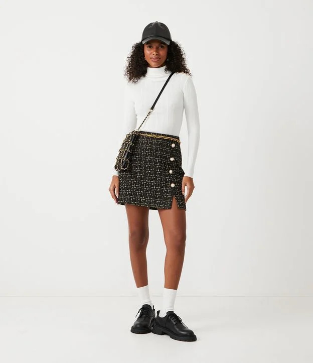 Saia em Tweed Estampada com Botões e Mini Fendinha Frontal Preto | Renner (BR)