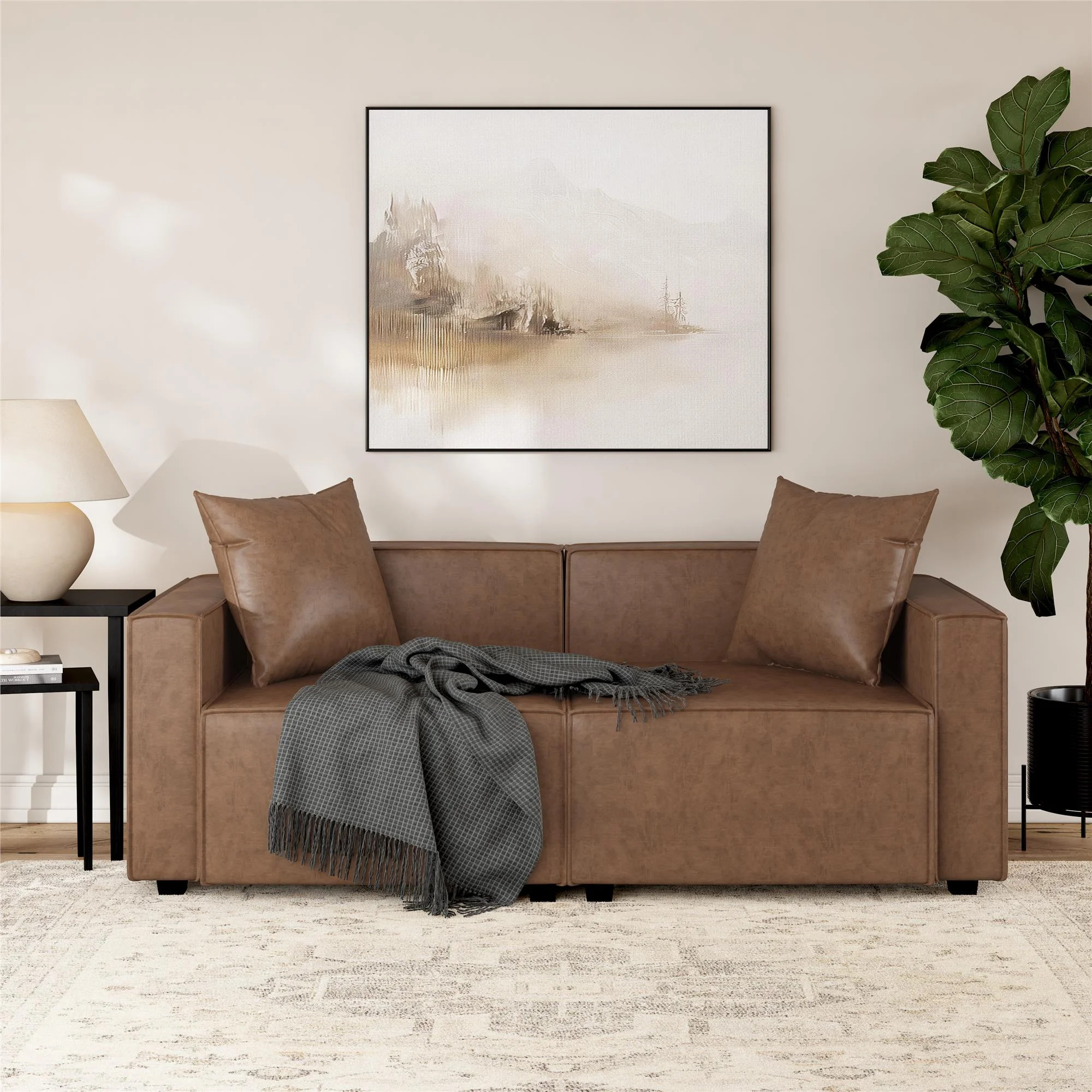 Mainstays Wynnewood 75" Low Profile Sofa with 2 Throw Cushions, Cocoa Faux Leather | Walmart (US)