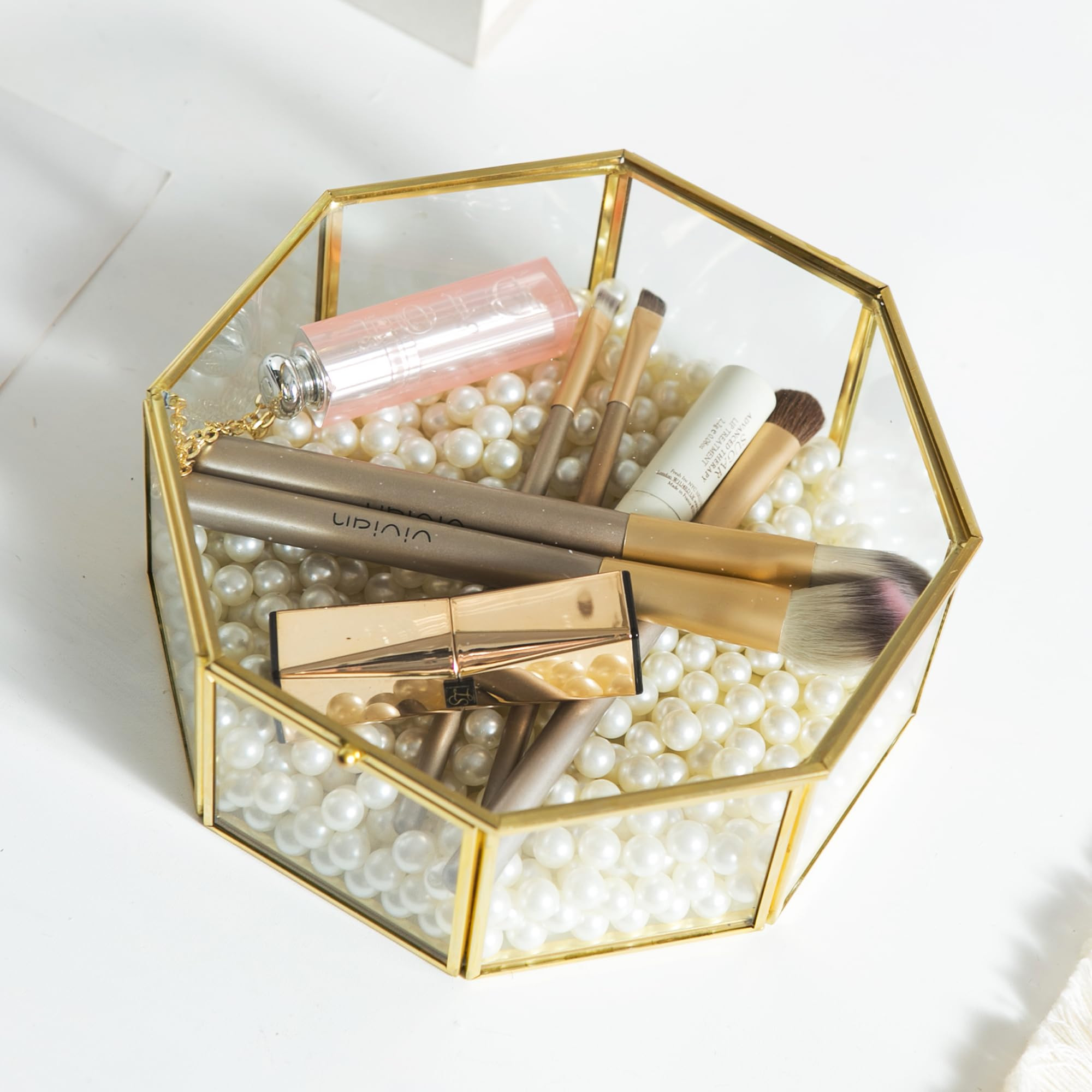 Glass Vintage Jewelry Box, Octagon Gold Jewelry Display Organizer Box Vanity Lidded Box Home Deco... | Amazon (US)